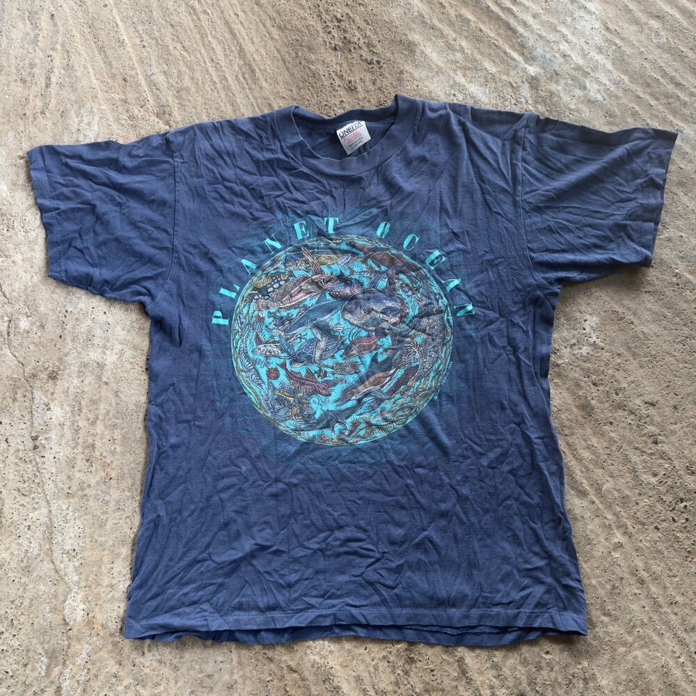 VINTAGE 90S PLANET OCEAN GRAPHIC TEE SHIRT MENS LARGE MADE IN USA NATURE BLUE